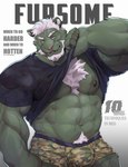 2024 abs absurd_res anthro areola barazoku beard biceps big_muscles biped black_clothing black_eyes black_shirt black_topwear bodily_fluids bulge camo camo_clothing camo_print camo_underwear chest_tuft clothed clothing clothing_lift cover cover_art cover_page english_text estper facial_hair felid fictional_magazine_cover fur green_body green_fur hair hi_res looking_at_viewer magazine_cover male mammal military_pants muscular muscular_anthro muscular_male nipples notched_eyebrow pantherine pantsless pattern_clothing pattern_underwear pecs pubes raised_clothing raised_shirt raised_topwear shirt shirt_lift solo sweat text tiger topwear tuft underwear wediz_(sollyz) whiskers white_body white_fur white_hair