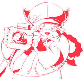anthro braided_hair braided_ponytail camera clothing eyebrows hair hat headgear headwear male ponytail smile solo thick_eyebrows young young_anthro gokrakstyle lifewonders tokyo_afterschool_summoners zhurong_(tas) ailurid mammal red_panda hi_res line_art red_theme
