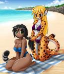 5_toes amber_eyes anthro barefoot beach big_breasts bikini black_hair black_stripes blonde_hair breasts cat_tail clothed clothing detailed_background duo facial_markings feet female fur green_eyes hair head_markings huge_breasts long_hair markings on_towel one-piece_swimsuit open_mouth orange_body orange_fur outside plantigrade sand sea seaside sky smile soles spots stripes swimwear toes towel two-piece_swimsuit water white_body white_fur yellow_body yellow_fur nekonny caribbean_blue kimi_(caribbean_blue) mihari animal_humanoid cat_humanoid cheetah domestic_cat felid felid_humanoid feline feline_humanoid felis humanoid mammal mammal_humanoid hi_res