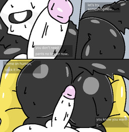 anal anthro anus ass_up big_butt black_body black_fur bodily_fluids butt butt_focus butt_jiggle couples dialogue duo erection fur genital_fluids genitals glans hot_dogging jiggling latex latex_body liquid_latex male male/male penis precum romantic romantic_couple sex tail text fallonheels changed_(video_game) colin_(changed) lin_(changed) puro_(changed) canid canine canis human mammal wolf comic english_text hi_res