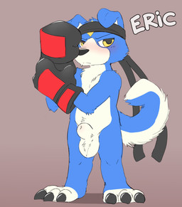 3_toes animal_genitalia anthro balls biped black_boxing_gloves black_claws black_clothing black_eyebrows black_handwear black_headkerchief black_kerchief black_nose blue_body blue_ears blue_fur blue_tail blush boxing_gloves claws closed_frown clothing eyebrows feet floppy_ears folded_ears front_view frown fully_sheathed fur genitals grey_background handwear headgear headkerchief headwear kerchief looking_at_viewer male male_anthro mostly_nude mostly_nude_anthro mostly_nude_male mouth_closed multicolored_body multicolored_boxing_gloves multicolored_clothing multicolored_fur multicolored_handwear plantigrade pupils red_boxing_gloves red_clothing red_handwear shadow sheath simple_background snout solo standing tail text toe_claws toes two_tone_body two_tone_boxing_gloves two_tone_clothing two_tone_fur two_tone_handwear two_tone_tail white_balls white_body white_fur white_inner_ear white_sheath white_tail white_text yellow_eyes miau bandai_namco digimon eric_(miau) canid canine digimon_(species) gaomon mammal 2026 absurd_res full-length_portrait hi_res portrait