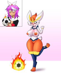 anthro ball before_and_after big_breasts blush breast_expansion breasts buckteeth expansion female fire fur genitals green_eyes hair holding_soccer_ball human_to_anthro navel nipples on_one_leg open_mouth pawpads pink_hair simple_background soccer_ball solo species_transformation standing surprised tail teeth transformation vulva white_background white_body white_fur flybeeth nintendo pokemon cinderace generation_8_pokemon human mammal pokemon_(species) 2023 digital_media_(artwork) hi_res