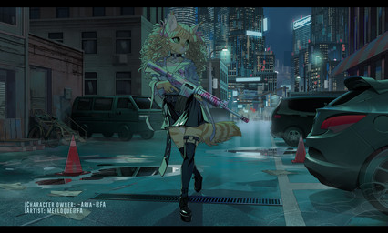 5_fingers anthro black_bars city detailed_background female fingers gun holding_gun holding_object holding_ranged_weapon holding_weapon medium_truck motor_vehicle night outside ranged_weapon solo truck van vehicle weapon melloque felid feline mammal 2020 digital_media_(artwork)