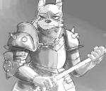 anthro armor black_body black_fur fur male melee_weapon one_eye_closed plate_armor platemail polearm scar simple_background solo weapon white_body white_fur smekbo blue_byte_(game_developer) for_honor_(game) holden_(ridentem) canid canine fox mammal yuman monochrome