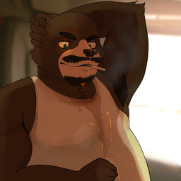 anthro armpit_hair beard bodily_fluids body_hair cigarette cigarette_in_mouth clothing dirty dirty_clothing facial_hair genital_fluids male mustache object_in_mouth peeing peeing_on_self shirt smoke smoking smoking_cigarette solo sweat tank_top topwear trucker urine urine_on_self watersports wolfie_(wolfieslocker) bear mammal 1:1 hi_res