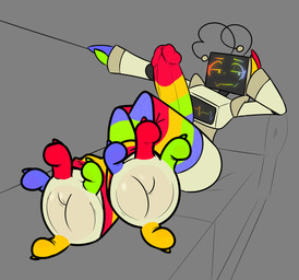 4_toes antennae_(anatomy) big_penis bodily_fluids chest_screen claws clothing cock_sock dripping electronics erection feet foot_fetish foot_focus footwear for_a_head furniture genital_fluids genitals glans huge_penis humanoid_genitalia humanoid_penis hyper hyper_genitalia hyper_penis legwear lying machine male multicolored_clothing multicolored_legwear multicolored_stockings on_back on_sofa pattern_clothing pattern_legwear pattern_stockings penis penis_clothing precum precum_drip rainbow_claws rainbow_clothing rainbow_face rainbow_legwear rainbow_stockings resting screen screen_face socks sofa solo stockings striped_clothing striped_legwear striped_stockings stripes television thigh_highs toes yellow_body taletoe object_head robot screen_head tv_head hi_res