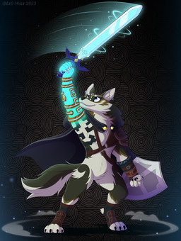 5_fingers abstract_background anthro anthrofied biped bipedal_feral cybernetic_arm cybernetic_limb feral fingers fur holding_melee_weapon holding_object holding_shield holding_sword holding_weapon hood male master_sword melee_weapon multicolored_body multicolored_fur shield smile solo spiral_background sword text weapon year leo-wolf nintendo tears_of_the_kingdom the_legend_of_zelda twilight_princess link_(wolf_form) canid canine canis mammal wolf 2023 absurd_res artist_name digital_media_(artwork) hi_res