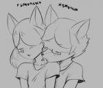 anthro blush duo eyes_closed eyewear female flat_chested glasses heart_symbol kissing kissing_neck male male/female smooch_(sound_effect) thecon con_(thecon) morgan_(thecon) canid canine canis fox mammal wolf hi_res monochrome