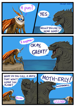 dialogue duo insect_wings open_mouth sea sharp_teeth speech_bubble teeth text water wings kaiju-krew godzilla_(series) monsterverse mothra_(series) toho godzilla mothra arthropod insect kaiju lepidopteran moth 2021 absurd_res comic digital_media_(artwork) english_text hi_res