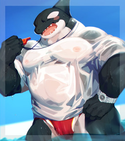 animal_genitalia anthro black_body blush clock clothed clothing eyes_closed genital_slit genitals holding_object male nipples open_mouth open_smile pecs pink_nipples shirt smile solo swimwear teeth topwear translucent translucent_clothing translucent_topwear watch wet wet_clothing wet_shirt wet_topwear whistle_(object) white_body white_clothing white_shirt white_topwear fuguri aquatic cetacean dolphin mammal oceanic_dolphin orca toothed_whale hi_res