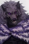 anthro blaidd_(elden_ring) canid canine canis digital_drawing_(artwork) digital_media_(artwork) elden_ring excaliburwolf eye_scar eyebrows facial_scar fangs fromsoftware fur hi_res male mammal purple_eyes scar simple_background solo teeth white_background wolf