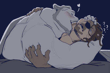 anthro bite cuddling duo facial_hair heart_symbol male male/male mature_male neck_bite overweight overweight_male question_mark lewalrus death_stranding deadman_(death_stranding) sam_porter_bridges bear mammal mustelid otter polar_bear ursine hi_res