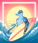 alternate_species alternate_universe amputee anthro blue_body clothed clothing disability eyewear goggles male markings missing_arm prosthetic prosthetic_arm prosthetic_limb single_amputee solo surfboard swimming_goggles topless wave kaprakaz cavemanon_studios i_wani_hug_that_gator inco_(iwhtg) dinosaur prehistoric_species reptile scalie absurd_res half-length_portrait hi_res portrait