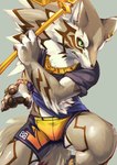 4_fingers anthro bottomwear brown_body brown_fur claws clothed clothing ear_piercing fingers fur gold_weapon green_eyes jewelry male melee_weapon paws piercing shorts solo striped_body striped_fur stripes tight_clothing weapon white_body white_fur kuroisumi lifewonders tokyo_afterschool_summoners seth_(tas) canid canine canis jackal mammal 2019 hi_res