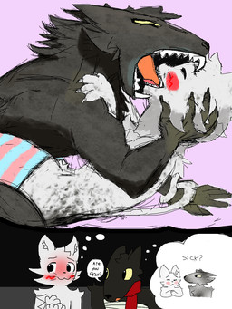 anthro black_body black_fur blush blushing_profusely clothing daydream duo extreme_french_kiss eyes_closed fangs footwear french_kissing from_front_position fur holding_head holding_shoulder kissing legwear lying male male/male missionary_position muscular on_back open_mouth sex socks tail_wrapped_around_arm teeth thigh_highs thigh_socks thought_bubble tongue whiskers white_body white_fur toiletdestroyer casualties:_unknown silly_cat_(mauzymice) canid canine expie_(gunsawian) felid feline gunsawian mammal 3:4 hi_res sketch