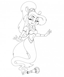 4_fingers anthro bottle breasts clothed clothing container cuff_(restraint) female fingers floating fully_clothed ghost_tail jewelry lidded_eyes looking_at_viewer midriff restraints solo waistband wrist_cuffs seannorthridge animaniacs warner_brothers minerva_mink genie mammal mink mustelid musteline true_musteline 2025 hi_res line_art monochrome