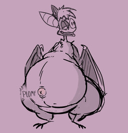 belly big_belly feral fur grin hair half-closed_eyes looking_down male membrane_(anatomy) membranous_wings narrowed_eyes navel navel_popping onomatopoeia outie_navel overweight overweight_male smile solo sound_effects text thick_thighs wings scudmum ferngully batty_koda bat mammal megabat 2026 digital_drawing_(artwork) digital_media_(artwork) hi_res monochrome sketch