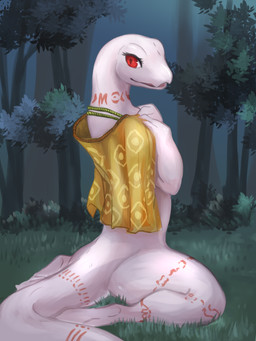 anthro biped clothing female forest markings open_mouth plant red_eyes sitting smile solo tail tongue tree white_body white_skin kadomarco overlord_(series) crusch_lulu lizard lizardman lizardman_(overlord) reptile scalie 3:4 digital_media_(artwork)
