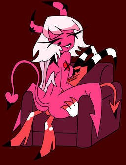 bite biting_lip duo female looking_pleasured male male/female male_penetrating penetration sitting size_difference smaller_male saucyh0t hellaverse helluva_boss blitzo_(helluva_boss) verosika_mayday demon humanoid imp succubus absurd_res hi_res