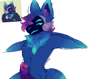 anthro blue_eyes fur genitals machine male multicolored_body multicolored_fur nude penis purple_penis solo madix protogen hi_res
