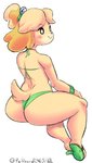 anthro big_butt bikini butt clothed clothing female footwear green_bikini green_clothing green_swimwear rear_view sandals shoes simple_background sitting smile solo swimwear thick_thighs two-piece_swimsuit white_background panthera_cantus animal_crossing nintendo isabelle_(animal_crossing) canid canine canis domestic_dog mammal colored digital_media_(artwork) signature