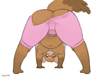 anthro blush bottomwear breasts butt clothed clothing embarrassed exercise female genitals leggings legwear overweight overweight_anthro overweight_female pants partially_clothed slightly_chubby solo tight_clothing torn_clothing vulva wardrobe_malfunction yoga yoga_pants raspb_(artist) simmer domestic_ferret mammal mustelid musteline true_musteline weasel 4:3