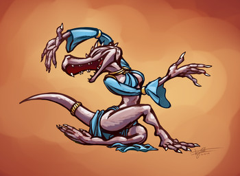 albino anthro breasts clothed clothing dancer_outfit dancing female gold_(metal) gold_jewelry head_spikes jewelry non-mammal_breasts pink_body silk simple_background small_breasts solo spikes spikes_(anatomy) tail teeth commissar-k shannon_(bahumot) kobold lizard reptile scalie digital_media_(artwork)