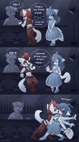 3_panel_comic 4_fingers anthro anthro_on_anthro arm_support bar bar_stool bedroom_eyes biped blue_clothing blue_dress blue_footwear blue_hair blue_high_heels blue_nose blush blush_lines bodily_fluids boots bottomwear bracelet breasts canine_teeth casual_incest choker cleavage clothed clothed_anthro clothed_female clothed_male clothing constricted_pupils crop_top dialogue dominant dominant_female dress duo_focus ear_piercing eye_contact eye_through_hair eyebrow_through_hair eyebrows eyelashes eyelashes_through_hair eyes_closed fangs female female/female female_anthro female_focus fingers flailing floppy_ears folded_ears footwear french_kissing fully_clothed fully_clothed_anthro fully_clothed_female fur furgonomic_bottomwear furgonomic_piercing furgonomics furniture gem group hair half-closed_eyes hand_on_another's_chest hand_on_another's_hip hand_on_chest hand_on_hip high_heels horrified hug inside jewelry kissing lamp leaning leaning_backward licking licking_lips licking_own_lips linked_speech_bubble long_hair long_tail looking_at_another looking_at_partner male male_anthro midriff mouth_closed narrowed_eyes navel necklace open_mouth open_smile panicking pants pearl_(gem) pearl_bracelet pearl_necklace piercing plantigrade pupils questionable_consent raised_heel red_boots red_bottomwear red_clothing red_crop_top red_footwear red_hair red_nose red_pants red_shirt red_topwear seductive shirt shoes short_hair skimpy small_pupils smile snout speech_bubble standing stated_incest stool submissive submissive_female surprised sweat sweatdrop tail talking_to_another tears teeth text thong tongue tongue_out topwear translucent translucent_hair trio underwear waving_arms waving_hands whimper white_body white_ears white_fur white_tail lewdles it's_always_sunny_in_philadelphia charlie_kelly rubee_(lewdles) sapphira_(lewdles) arctic_fox canid canine canis domestic_dog fox mammal true_fox 2025 comic english_description english_text hi_res multiple_scenes signature incest_(lore) sibling_(lore) sister_(lore) sisters_(lore) twincest_(lore) twins_(lore)