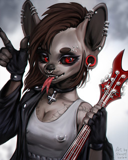 anthro biped breasts brown_hair ear_piercing ear_ring electric_guitar eyebrow_piercing facial_piercing female flesh_tunnel forked_tongue gauged_ear guitar hair lip_piercing lip_ring multiple_piercings musical_instrument nipple_outline nipple_piercing nipples nose_piercing nose_ring piercing piercing_outline plucked_string_instrument red_eyes ring_piercing septum_piercing septum_ring solo string_instrument tattoo tongue tongue_piercing sleepyhelen species_request 2022 4:5 character_request