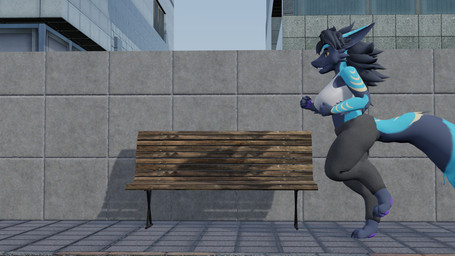 anthro arm_markings bench big_breasts black_body black_claws black_fur black_hair black_horn blue_body blue_fur bra breasts breathing building claws clothed clothed_anthro clothed_female clothing concrete_wall ear_markings facial_markings female fluffy fluffy_tail forehead_markings fur furniture grey_sweatpants hair head_markings horn jogger jogging looking_ahead markings midriff no_sclera open_mouth pawpads purple_pawpads sidewalk sky snaggle_teeth snaggle_tooth solo sports_bra tail tail_markings teeth underwear wall_(structure) white_bra white_clothing white_sports_bra white_underwear wood wood_bench wood_furniture yellow_eyes yellow_markings k'braid nicoreda_(modeler) blender_eevee mythology sevan_(k'braid) dergodal dragon furred_dragon furred_drake furred_scalie mythological_creature mythological_scalie scalie 16:9 3d_(artwork) blender_(artwork) digital_media_(artwork) hi_res widescreen