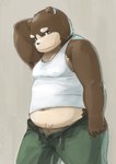 anthro belly big_belly bottomwear brown_body brown_fur clothing fur humanoid_hands kemono male moobs navel overweight overweight_male pants shirt solo topwear dv-ch bear mammal 2012 hi_res