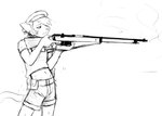 anthro bottomwear clothing gun gun_smoke hair hair_over_eye hat headgear headwear holding_gun holding_object holding_ranged_weapon holding_rifle holding_weapon lee-enfield male midriff peaked_cap ranged_weapon rifle shorts smoke solo weapon hladilnik ship's_catboy_(hladilnik) domestic_cat felid feline felis mammal 2025 black_and_white digital_drawing_(artwork) digital_media_(artwork) hi_res monochrome