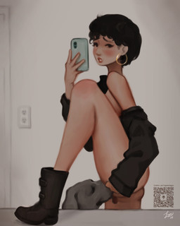 bestiality blush boots bottomless breasts cellphone clothed clothing cunnilingus duo ear_piercing ear_ring electronics female female_on_feral feral footwear hair hoop_ear_ring human_focus human_on_feral interspecies jewelry lipstick makeup mirror mirror_selfie not_furry_focus oral outlet partially_clothed phone piercing qr_code ring_piercing selfie sex shoes short_hair smartphone solo_focus vaginal lupaningyo canid canine canis domestic_dog human mammal 2025 4:5 absurd_res hi_res signature