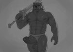 anthro balls big_penis black_sclera blaidd_(elden_ring) canid canine canis clothing clothing_aside elden_ring erection fangs fromsoftware fur genitals hi_res humanoid_genitalia humanoid_penis kyomiqc looking_down male mammal melee_weapon muscular muscular_anthro muscular_male nipples nude penis scar solo sword teeth underwear underwear_aside weapon wolf