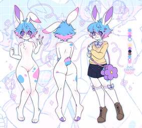 accessory anthro bag big_ears bow_tie butt chest_tuft clothed clothing female flat_chested footwear front_view genitals gesture hair hair_accessory hairpin hand_gesture legwear lgbt_pride nude pride_color_accessory pride_colors rear_view shoes short_tail solo tail thigh_highs transgender_pride_colors tuft v_sign vulva lolzip berry_(bunbunniberri) lagomorph leporid mammal rabbit hi_res model_sheet trans_(lore) trans_man_(lore)
