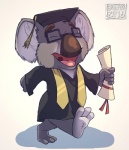 3_toes 5_fingers academic_dress anthro big_ears brown_nose clothed clothing diploma eyebrows eyes_closed eyewear feet fingers front_view fur glasses grey_body grey_fur happy holding_object humanoid_hands male open_mouth pink_tongue shadow simple_background smile solo square_academic_cap toes tongue walking white_background skaifox koala mammal marsupial vombatiform 2016 digital_media_(artwork) full-length_portrait portrait watermark