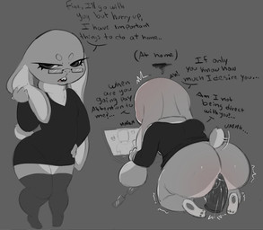anthro bodily_fluids clothed clothing dialogue dildo dildo_insertion eyeliner eyewear female floppy_ears footwear genital_fluids glasses half-closed_eyes kneeling looking_at_viewer lop_ears makeup narrowed_eyes pose scut_tail sex_toy sex_toy_insertion shaking short_tail shortstack shortstack_female socks speech_bubble tail text tremble_lines trembling tsundere vaginal_fluids wet mamasoyanini human lagomorph leporid mammal rabbit greyscale monochrome sketch
