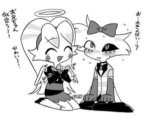 accessory clothed clothing duo eyes_closed female hair_accessory hair_ribbon male ribbons text enaic31 hazbin_hotel hellaverse angel_dust molly_(hazbin_hotel) angel arachnid arthropod demon humanoid spider hi_res japanese_text monochrome translation_request brother_(lore) brother_and_sister_(lore) sibling_(lore) sister_(lore)