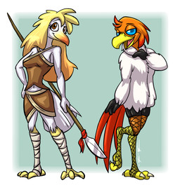 3_toes alternate_costume anthro beak black_body black_feathers blonde_hair blue_background blue_eyes blue_pupils bottomwear breasts brown_bottomwear brown_clothing brown_eyes brown_skirt brown_topwear clothing clothing_swap coat digitigrade duo eyebrows feathers feet female fishnet_clothing fishnet_legwear front_view fur_coat hair holding_melee_weapon holding_object holding_polearm holding_spear holding_weapon leg_wraps legwear looking_at_viewer medium_breasts melee_weapon membrane_(anatomy) midriff on_one_leg orange_beak orange_hair polearm pupils raised_eyebrow red_body red_feathers red_hair simple_background skirt smile smirk spear standing talons toes topwear weapon webbed_feet white_body white_clothing white_coat white_feathers white_topwear wraps yellow_beak bassybefuddle conditional_dnp windborn amara_(windborn) lizzy_(flyper) avian bird gull lari larid 2022