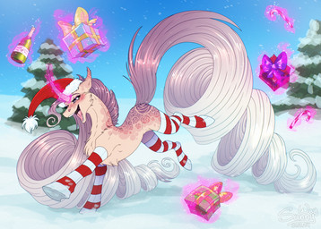 alcohol beverage box champagne christmas_clothing christmas_headwear clothing container drunk female feral fluffy footwear fur gift_box hair hat headgear headwear holidays horn long_hair magic merry_christmas reward running santa_hat socks solo substance_intoxication winter sunny_way christmas hasbro my_little_pony mythology new_year equid equine mammal mythological_creature mythological_equine unicorn hi_res