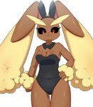 :3 anthro black_clothing black_leotard black_nose black_sclera blonde_eyebrows breasts brown_arms brown_body brown_breasts brown_ears brown_fur brown_legs bunny_costume cleavage clothed clothing costume eyebrows eyelashes fake_ears fake_rabbit_ears female fingers floppy_ears front_view fur hand_on_hip ironic_fake_ears leotard long_ears looking_at_viewer lop_ears monotone_clothing monotone_leotard multicolored_body multicolored_ears multicolored_fur pose red_eyes simple_background smile solo standing strapless_clothing strapless_leotard tan_body tan_fur thick_eyebrows thigh_gap two_tone_body two_tone_ears two_tone_fur white_background yellow_body yellow_ears yellow_fur sum nintendo pokemon generation_4_pokemon lopunny pokemon_(species) 2022 digital_media_(artwork) hi_res