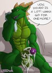 abs anthro balls biceps big_balls big_penis bodily_fluids cum cum_drip cum_on_penis dripping foreskin genital_fluids genitals humanoid_genitalia humanoid_penis male muscular muscular_male pecs penis solo tail text saruuk sar lizard reptile scalie 2020 english_text hi_res