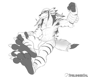 3_toes 5_fingers abs alternate_species anthro areola arm_belt armpit_hair beard belt biceps biped body_hair bulge claws closed_smile clothed clothed_anthro clothed_male clothing dipstick_ears dipstick_tail ear_markings ear_piercing ear_ring eyebrow_piercing eyebrows facial_hair facial_piercing fangs feet finger_claws fingerless_(marking) fingers fist fur hair hand_on_knee hand_on_leg hand_on_own_knee hand_on_own_leg headgear headwear humanoid_hands jockstrap leg_belt long_ears long_hair looking_at_viewer male male_anthro markings monotone_background mouth_closed multicolored_body multicolored_ears multicolored_fur muscular muscular_anthro muscular_male navel neck_tuft nipples overbite patreon_logo patreon_username pecs piercing quads raised_arm ring_piercing sharp_teeth simple_background smile smiling_at_viewer solo striped_body striped_fur stripes tail tail_markings teeth text three-quarter_view toe_claws toes topless topless_anthro topless_male tuft underbite underwear white_background spelunker_sal bandai_namco digimon patreon spelunker_sal_(character) digimon_(species) shadowweregarurumon artist_name digital_drawing_(artwork) digital_media_(artwork) full-length_portrait greyscale hi_res monochrome portrait