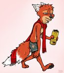 3_toes 4_fingers anthro beverage blue_eyes bottomwear claws clothing dipstick_ears dipstick_tail ear_markings energy_drink feet fingers fur holding_beverage holding_object male markings multicolored_ears multicolored_tail orange_body orange_fur pawpads red_scarf scarf shorts simple_background solo tail tail_markings toe_claws toes walking ziegelzeig bad_guy_cafe monster_energy ziegelzeig_zoona canid canine fox mammal 2020