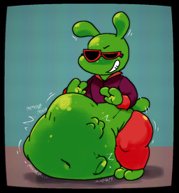 3_fingers abdominal_bulge anthro belly belly_on_ground big_belly biped clothed clothing eyewear fingers green_body huge_belly male motion_lines mph! navel simple_background smile soft_vore solo standing sunglasses tail teeth vore pawplants ufo_50 alien_(ufo_50:_party_house) alien 2026