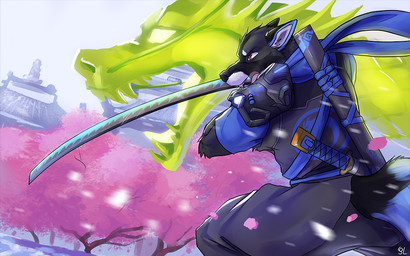 action_pose anthro black_body black_fur black_nose clothed clothing day duo fangs fur green_body green_tongue grey_clothing holding_katana holding_melee_weapon holding_object holding_sword holding_weapon katana male male_anthro melee_weapon open_mouth outside pink_tongue pose red_eyes side_view standing sword teeth tongue weapon white_body white_fur solaxe_(artist) mythology arrin dragon mythological_creature mythological_scalie scalie 16:10 widescreen