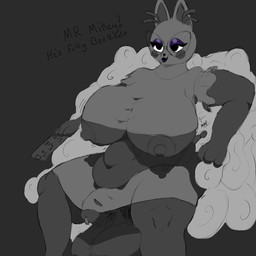 anthro balls belly big_balls big_breasts breasts clothing duo eyewear genitals glasses gynomorph humanoid_genitalia humanoid_penis ineffective_clothing intersex intersex/male male overweight overweight_intersex penis smothering text thick_thighs wearing_glasses hawelles gabby_(neon_white) mikey_(neon_white) domestic_cat felid feline felis mammal black_and_white hi_res monochrome