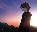 anthro black_nose clothing countershade_face countershading fur grey_body grey_fur hoodie lens_flare looking_back male rear_view sky solo standing sunset topwear 00niine nate_(00niine) canid canine canis domestic_dog mammal 2022 digital_media_(artwork) signature