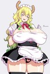 absolute_territory accessory apron areola areola_slip big_breasts black_clothing black_legwear black_panties black_thigh_highs black_underwear blonde_hair blush bow_shirt breasts cleavage clothed clothing crotch_cutout cutout dragon_horn dress easy_access eyebrow_through_hair eyebrows eyelashes eyes_closed female genitals glistening glistening_body glistening_hair glistening_skin gloves green_hair hair hair_between_eyes handwear happy headdress heart_cutout horn huge_breasts humanoid_genitalia humanoid_pussy inverted_nipples keyhole_clothing keyhole_panties keyhole_underwear legwear light-skinned_female light_body light_skin long_hair maid_apron maid_headdress maid_uniform multicolored_clothing multicolored_hair neck_bow nipple_outline nipples open_mouth open_smile panties partially_visible_genitals puffy_sleeves pussy pussy_peek red_bow shirt_collar short_sleeves simple_background smile solo standing thick_thighs thigh_highs translucent translucent_hair two_tone_hair underwear uniform white_clothing white_gloves white_handwear onomeshin miss_kobayashi's_dragon_maid mythology quetzalcoatl_(dragon_maid) animal_humanoid dragon dragon_humanoid horned_humanoid humanoid mythological_creature mythological_scalie scalie 2020 artist_name digital_drawing_(artwork) digital_media_(artwork) portrait three-quarter_portrait