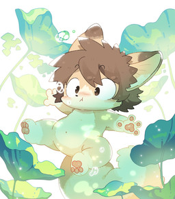 anthro blush brown_body brown_eyes brown_hair bubble chibi countershading hair hand_pawpads holding_breath kemono lily_pad male navel nude pawpads plant simple_background solo underwater water white_background dogblin canid canine fox mammal 2025 hi_res